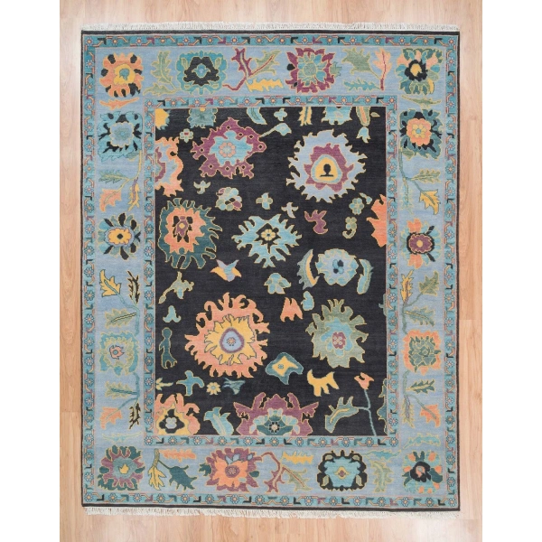 Sky Blue Oushak Rug With Orange, Purple, Green Accents|22