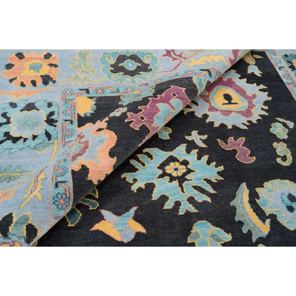 Sky Blue Oushak Rug With Orange, Purple, Green Accents|